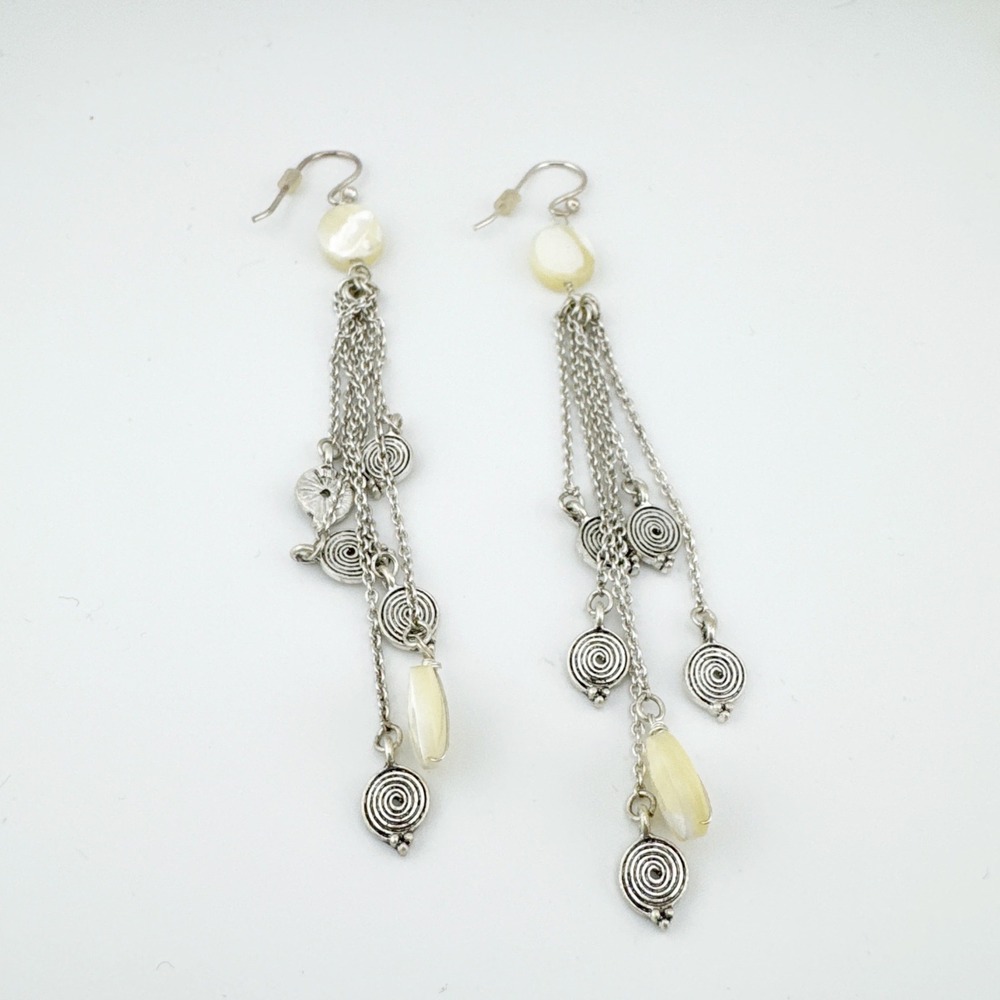 Vintage Silver Spiral Dangle Earrings with Cream Beads Chain Jewelry